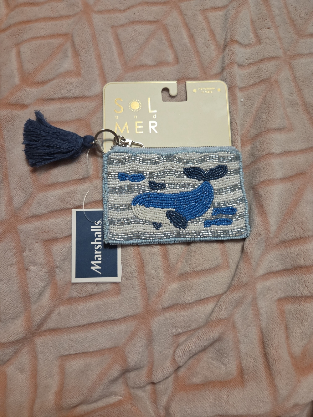 Sol & Mer Blue Beaded Whale Card Holder with Navy Tassel